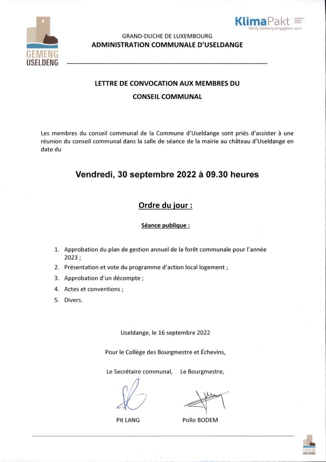 Conseil Communal 30/09/2022
