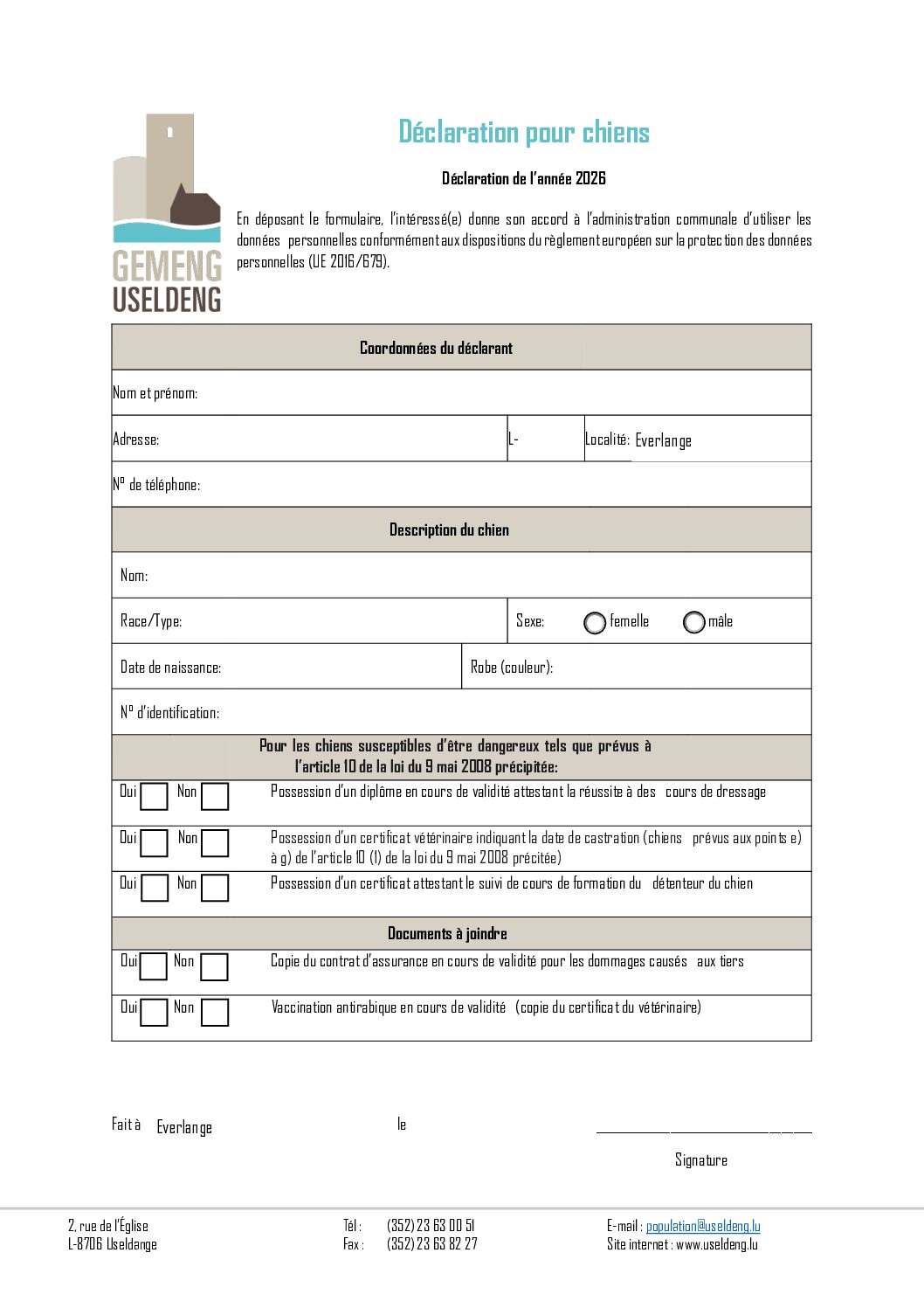 Chien - Déclaration pour chien 2026
