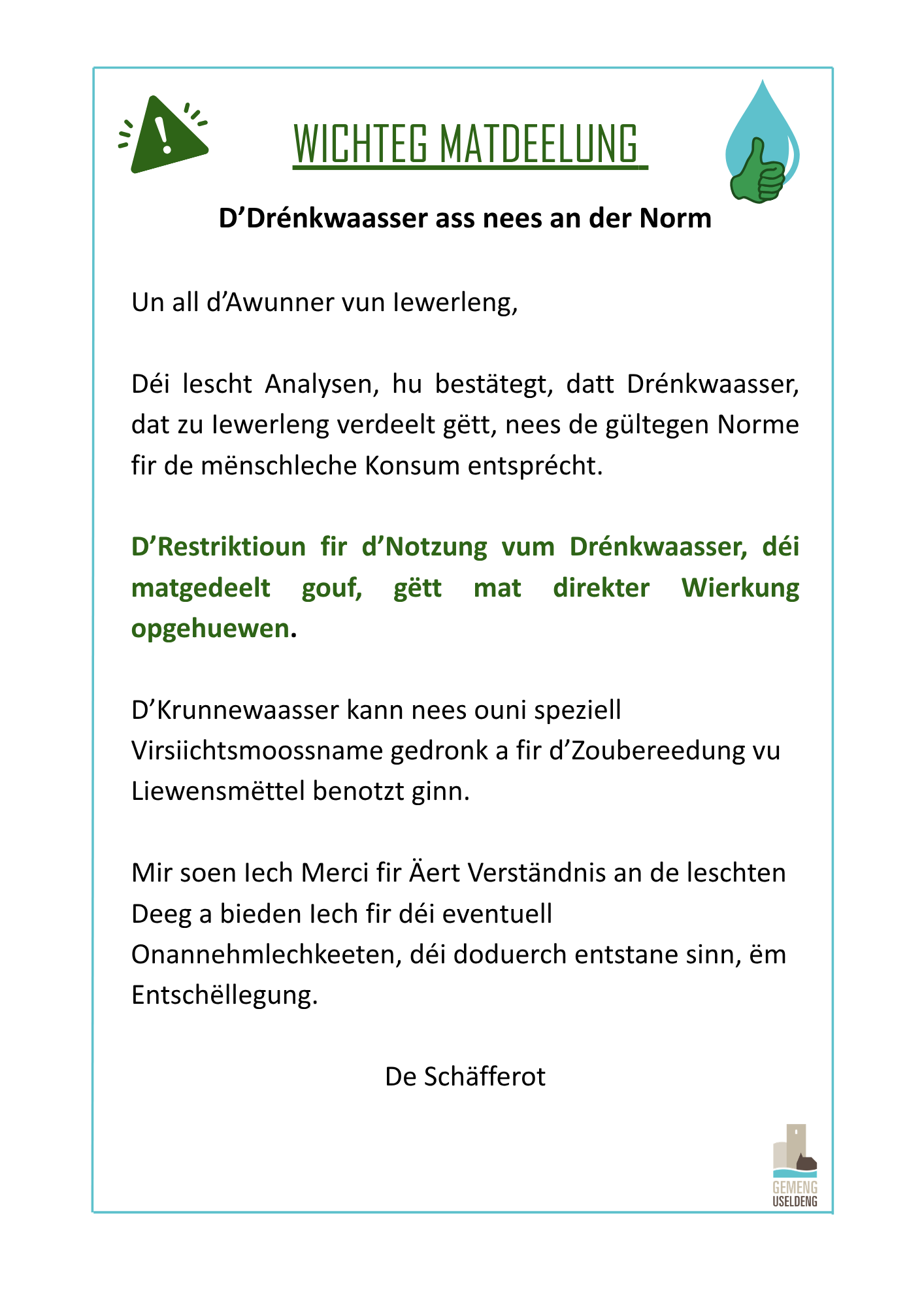 Drénkwaasser Iewerleng