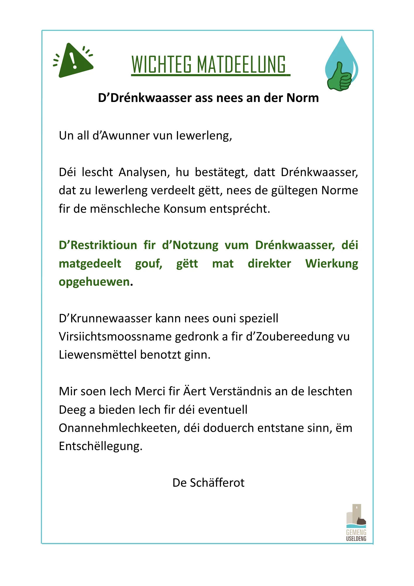 Drénkwaasser Iewerleng