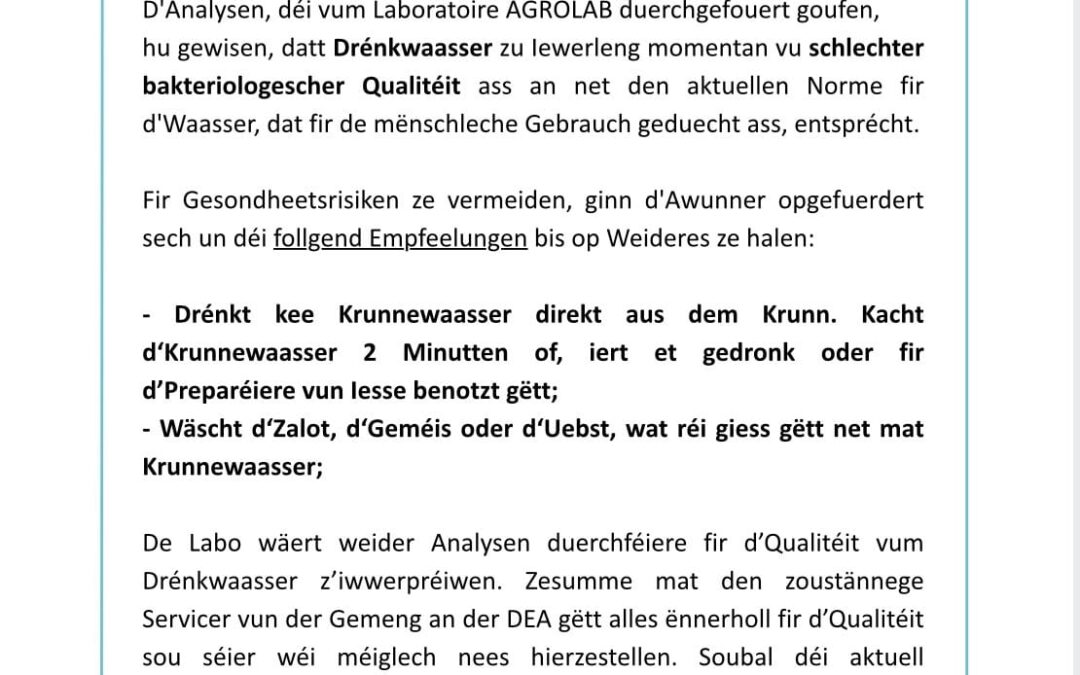 Avis important: Drénkwaasser Iewerleng