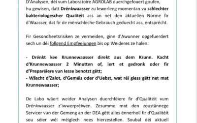 Avis important: Drénkwaasser Iewerleng