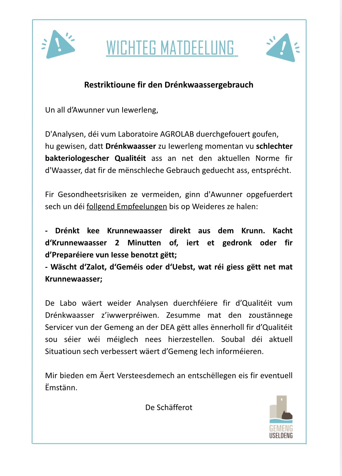 Avis important: Drénkwaasser Iewerleng