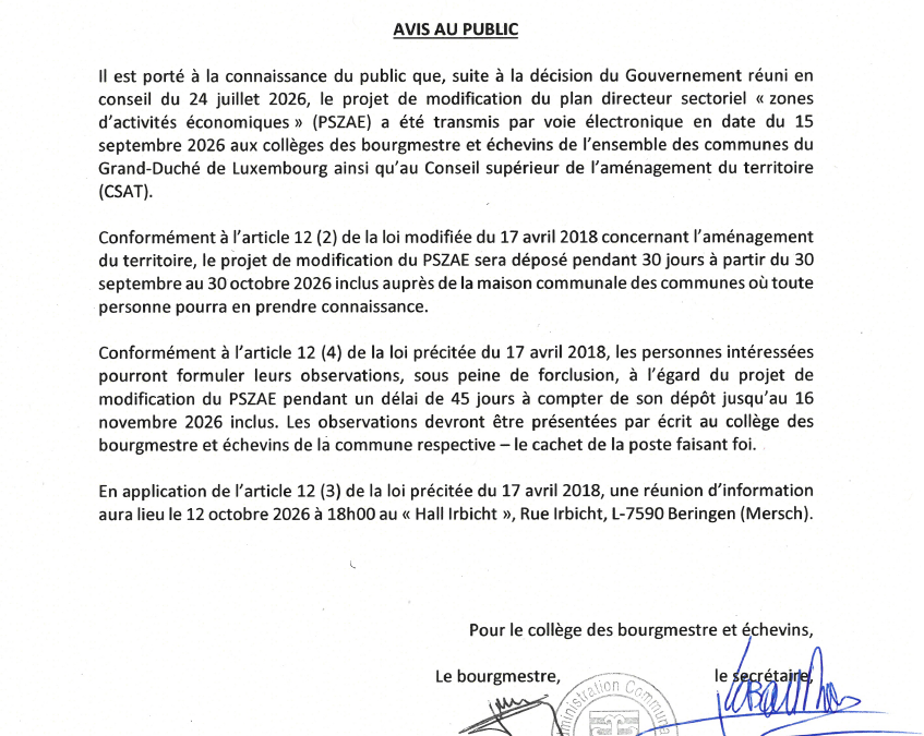 Modification du plan Directeur sectoriel zones d’activités économiques (PSZAE)