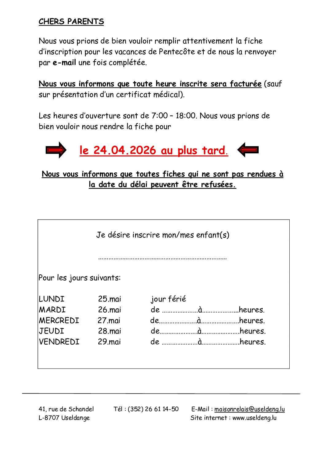 Fiche d'inscription Pentecôte