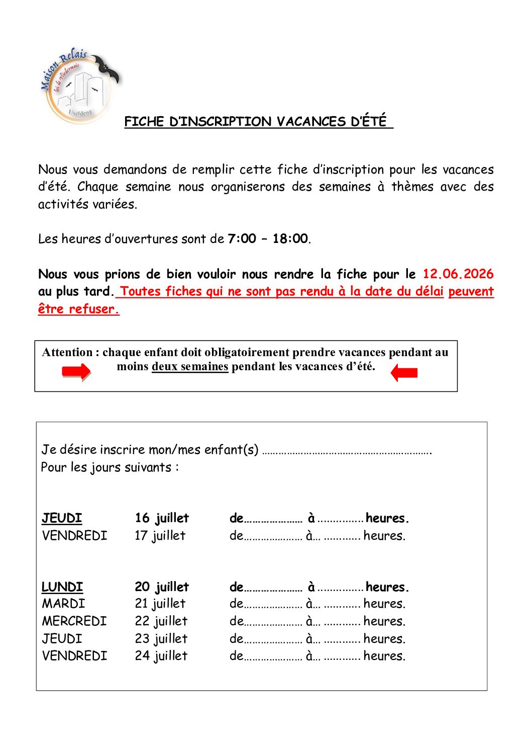 Inscription vacances d'été 2026