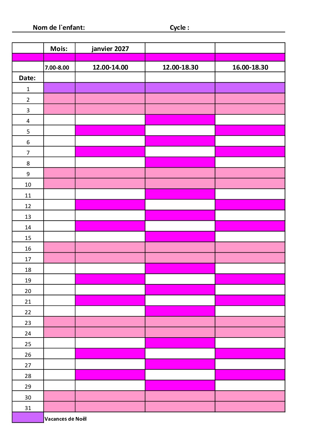 Fiche d'inscription janvier 2027