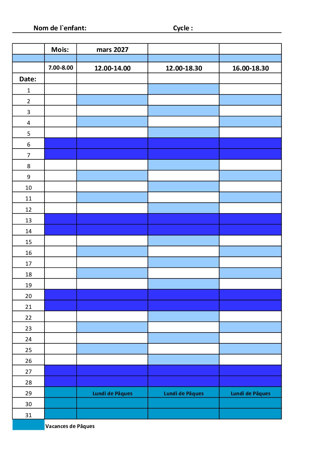 Fiche d'inscription mars 2027