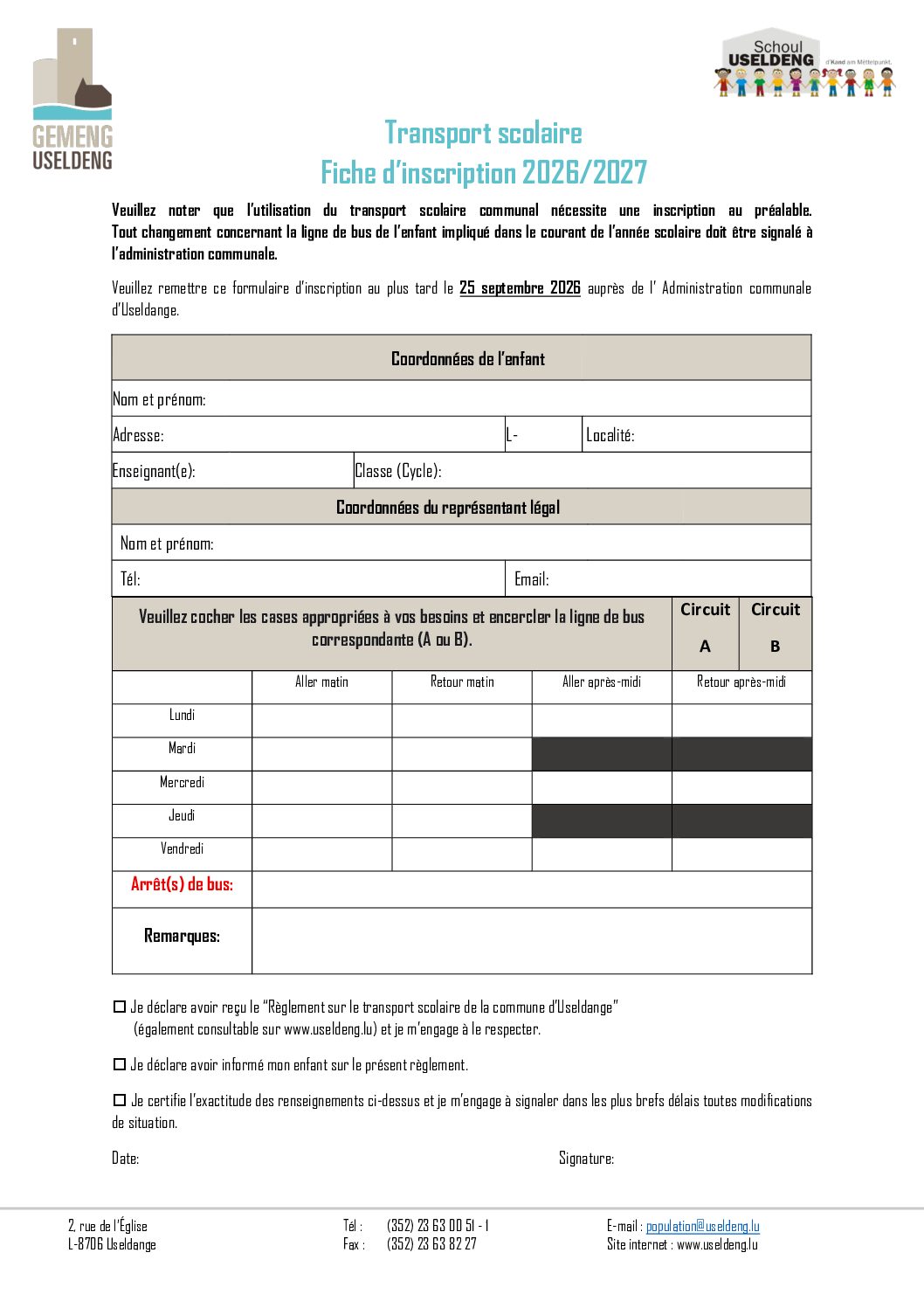 École - Fiche d'inscription transport scolaire 2026/2027